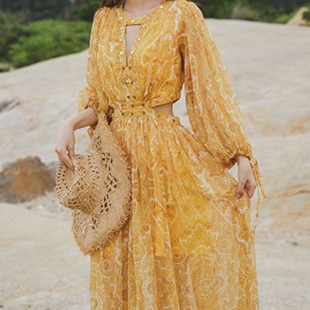 Korean style Print Puff Sleeve Bohemian Dress